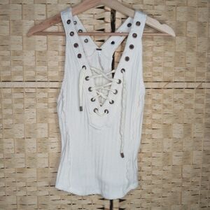 Free People Ivory Lace-Up Ribbed Tank Top